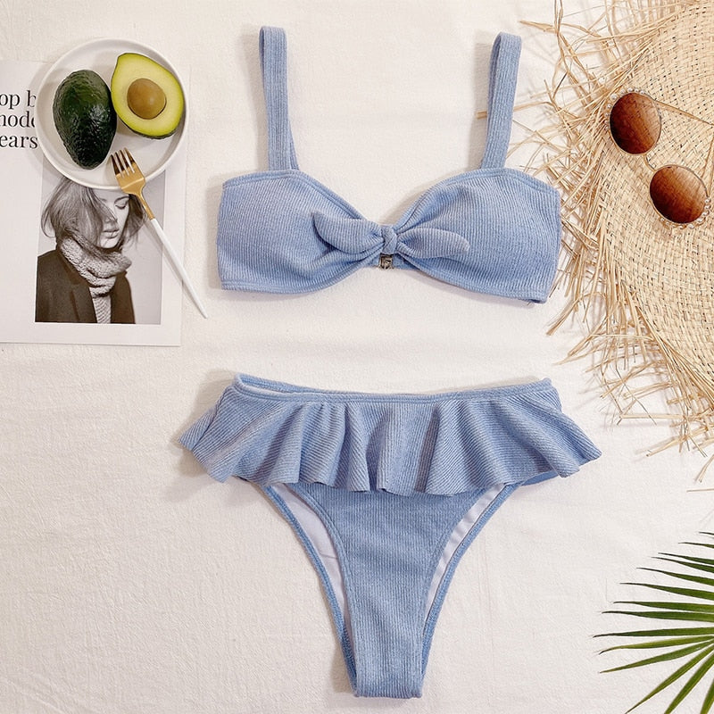 Ruffle Swimwear Bikini Bow Knitted Micro Bikini Sexy Separate Swimsuit Bikinis Beachwear