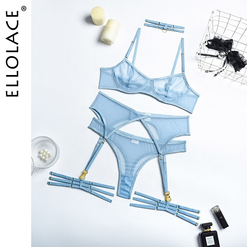 Set 4 Pieces Sexy Erotic Bra Garters Brief Sets Transparent Lace Blue