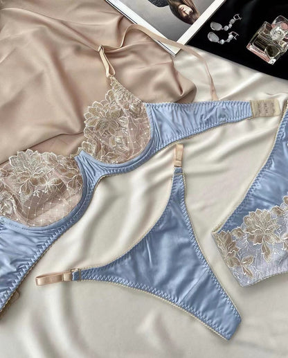 Ellolace Sexy Lingerie Lace Embroidery Erotic Underwear Set Underwire Push Up Bra Brief Sets with Garters Fancy Sensual Outfit