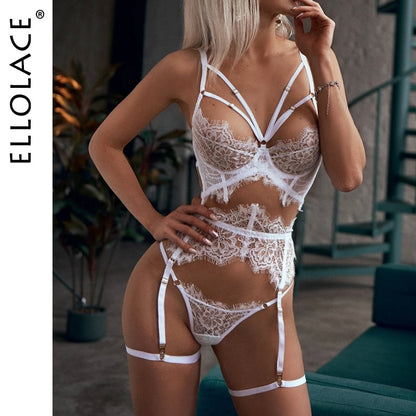 Erotic Sexy Lace Hollow Out Transparent Sets Bra and Panty Set with Garters