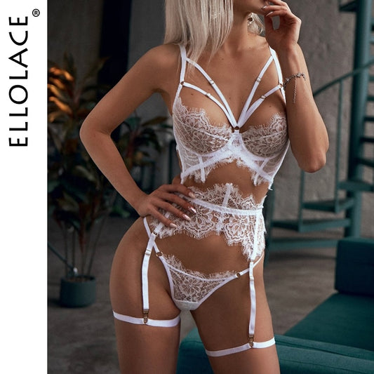Erotic Sexy Lace Hollow Out Transparent Sets Bra and Panty Set with Garters
