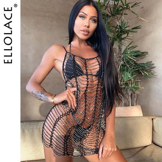 Sexy Hollow Out Mini Dress Summer Crochet Bathing Bikini Swimwear Cover Up Beach Dress Hollow Out One Piece Tops