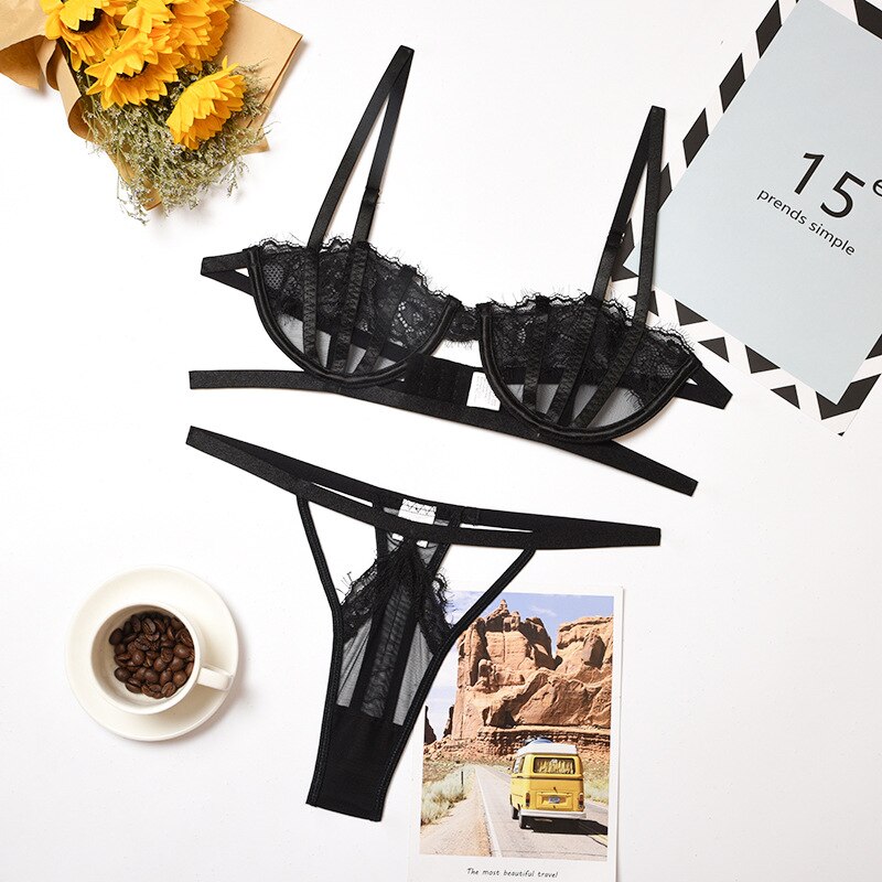 Ellolace Push up Erotic Lingerie Set Transparent Bra Set Women's Underwear Set Lace See Through Bra and Thong Sexy Bra Lingeries