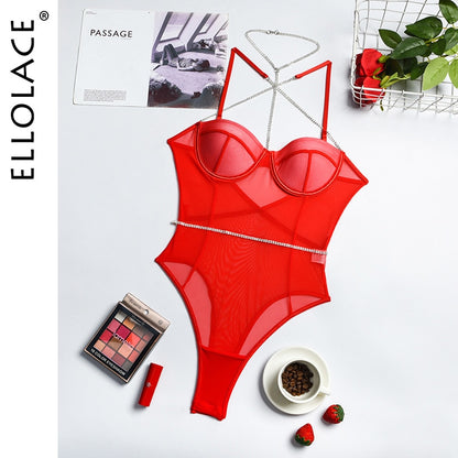 Rhinestone Sexy Bodysuit Women Lace Sleeveless Bodies Push up Bodycon High Cut Backless Top