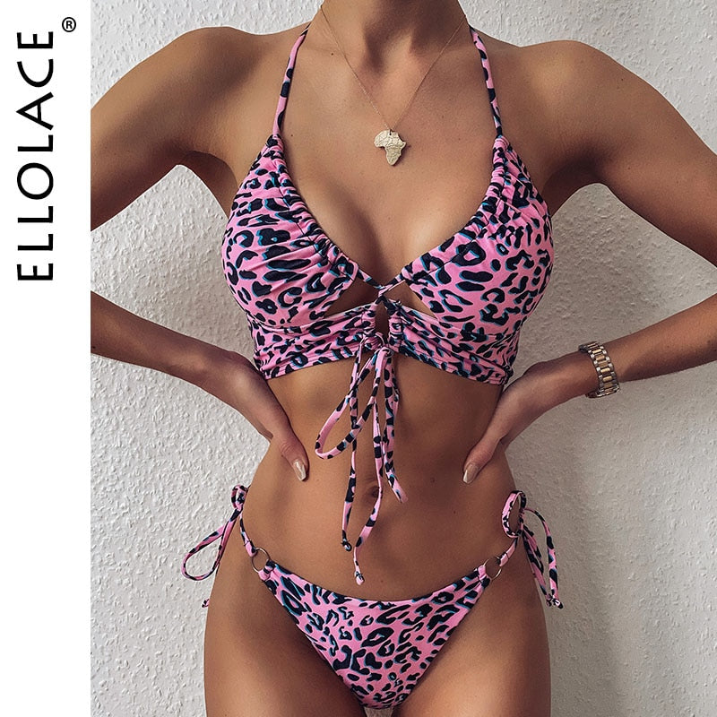 Animal Bikini Push Up Swimwear Women Leopard Bandage Sexy Swimwear Women Monokini Halter Backless Bathing Suit