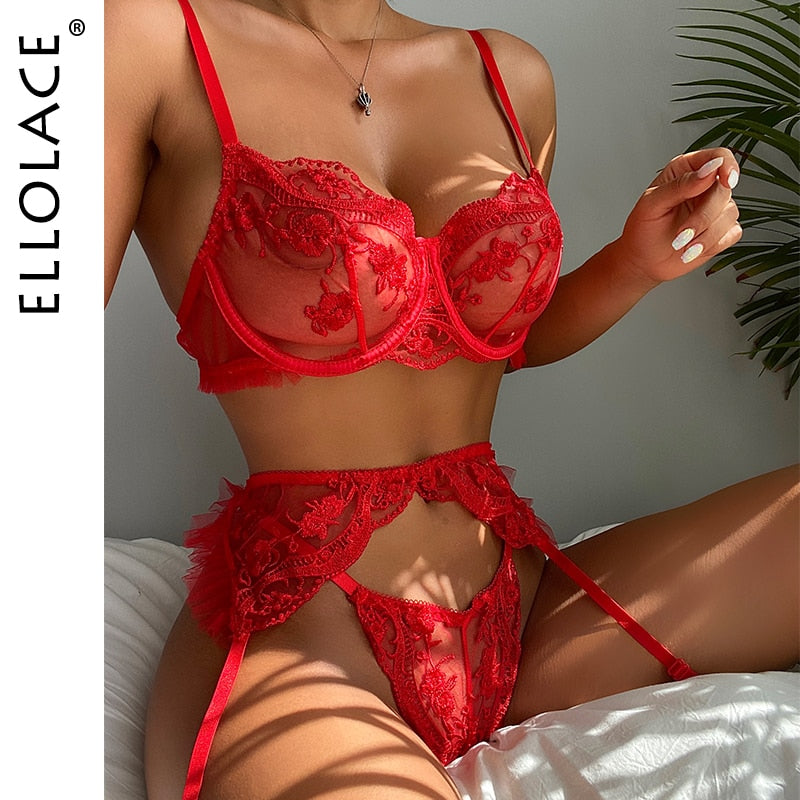 Ellolace Sensual Lingerie Red Lace Transparent Bra Garters Thongs Embroidery Fancy Bilizna Set Sexy Costume 3-Pieces Intimate