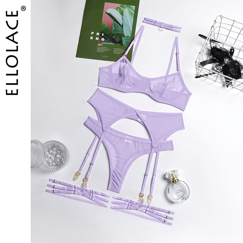 Set 4 Pieces Sexy Erotic Bra Garters Brief Sets Transparent Lace Blue
