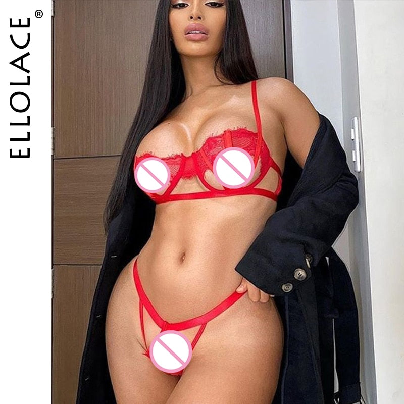 Ellolace Push up Erotic Lingerie Set Transparent Bra Set Women's Underwear Set Lace See Through Bra and Thong Sexy Bra Lingeries