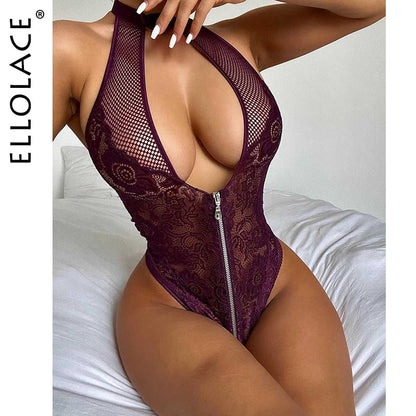 Bodysuit Lace Fitness Deep-V Bodysuit Halter Tops Summer Sexy Mesh Bodysuit