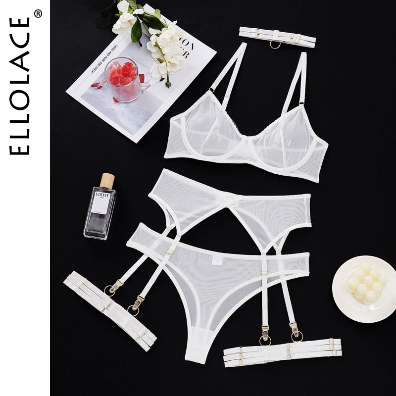Set 4 Pieces Sexy Erotic Bra Garters Brief Sets Transparent Lace Blue