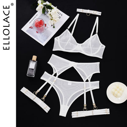 Set 4 Pieces Sexy Erotic Bra Garters Brief Sets Transparent Lace Blue