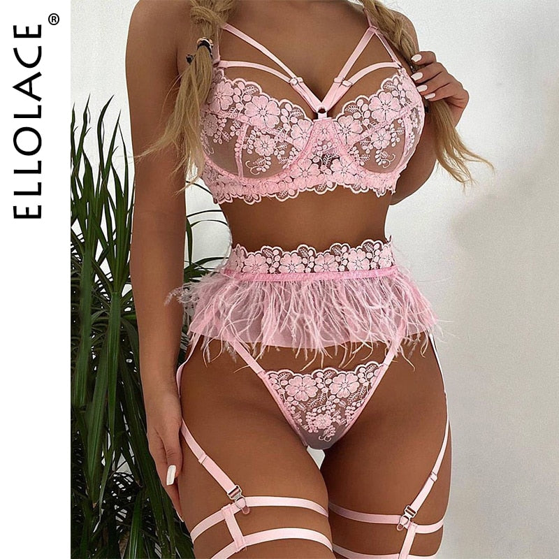 Ellolace Feder Sexy Dessous frauen Unterwäsche Set Frau 3 Stück Frauen Sets Dessous Sexy Push-up Sinnliche Dessous Frau