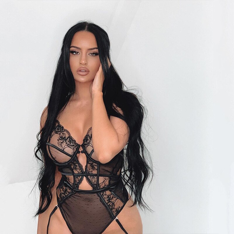 Bodysuit Women Sexy Lace Transparent High Cut Black Teddy