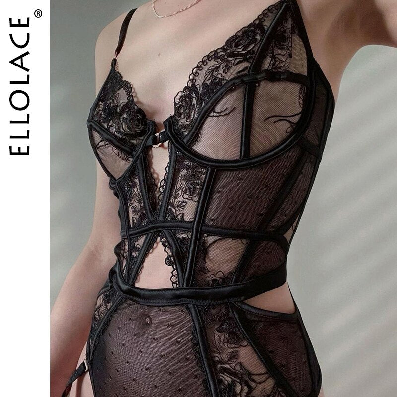 Bodysuit Women Sexy Lace Transparent High Cut Black Teddy