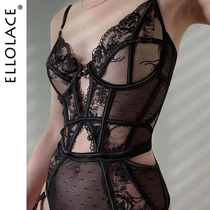 Bodysuit Women Sexy Lace Transparent High Cut Black Teddy