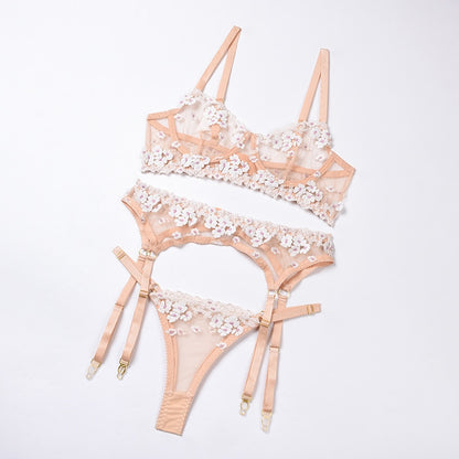 Ellolace Applique Women's Underwear Lingerie Set Sexy Underwear Set Bra with Bones 3 Piece Set Transparent Exotic Lingerie Sexy