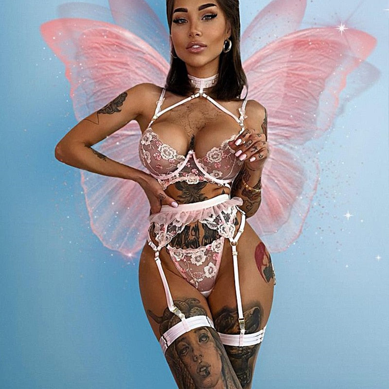 Ellolace Erotic Lingerie Sexy Lace Sensual Underwear Set Floral Transparent Brief Sets 3 Piece Push Up Underwire Bra and Panty