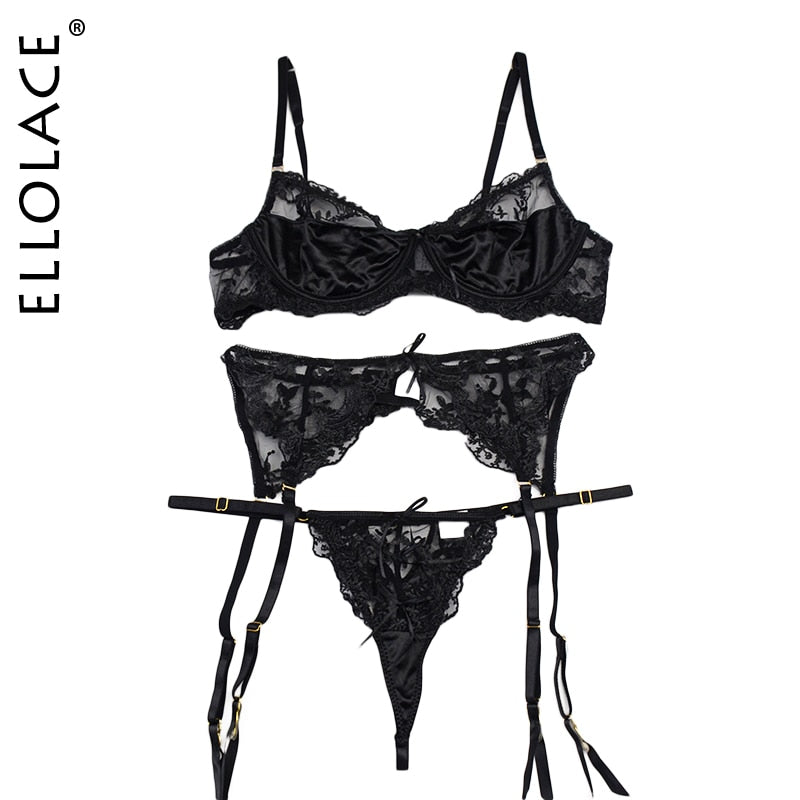 Ellolace Lace Lingerie Embroidery Women's Underwear Transparent Erotic Push Up Bra And Panty Set Black Fancy Garters Intimate