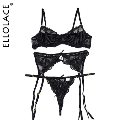 Ellolace Lace Lingerie Embroidery Women's Underwear Transparent Erotic Push Up Bra And Panty Set Black Fancy Garters Intimate