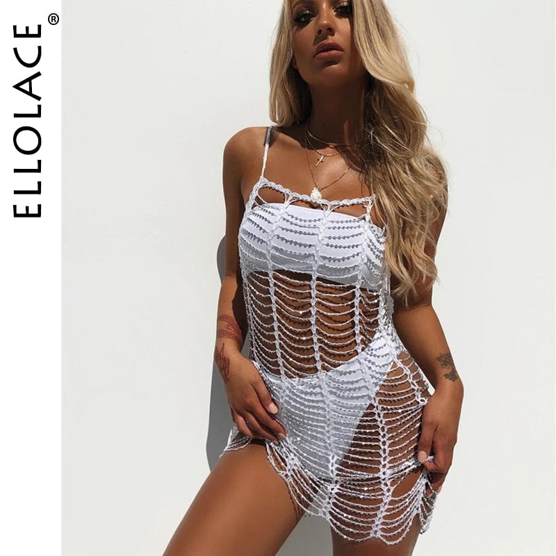 Sexy Hollow Out Mini Dress Summer Crochet Bathing Bikini Swimwear Cover Up Beach Dress Hollow Out One Piece Tops