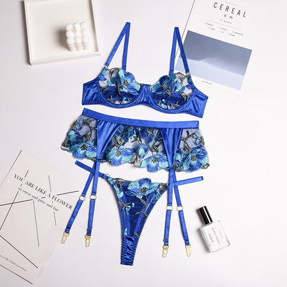 Ellolace Floral Lingerie Women's Underwear Fancy Transparent Bra Brief Set with Garters Embroidery Sexy Lace Erotic Intimate