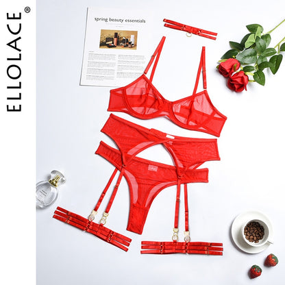 Set 4 Pieces Sexy Erotic Bra Garters Brief Sets Transparent Lace Blue