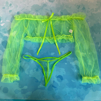 Transparent Off Shoulder Ruffle Long Sleeve Lace Sexy Top Thong Sets