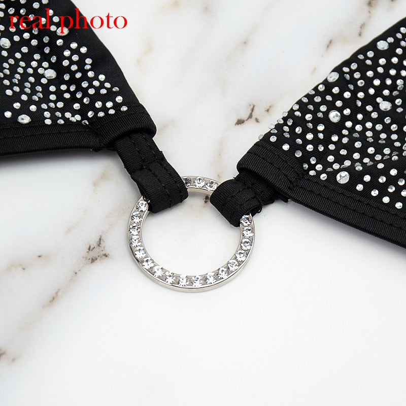 Sexy Diamond Bra Party Set Women Deep-V Halter Bra Sets 2 Piece Bralette and Thong Fashion Black White