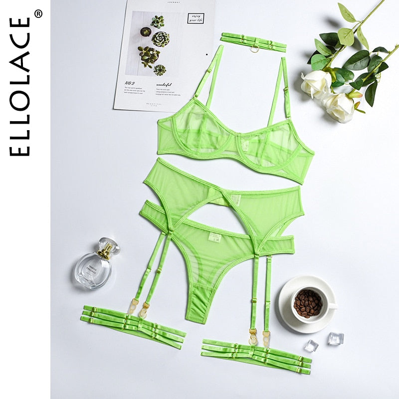 Set 4 Pieces Sexy Erotic Bra Garters Brief Sets Transparent Lace Blue
