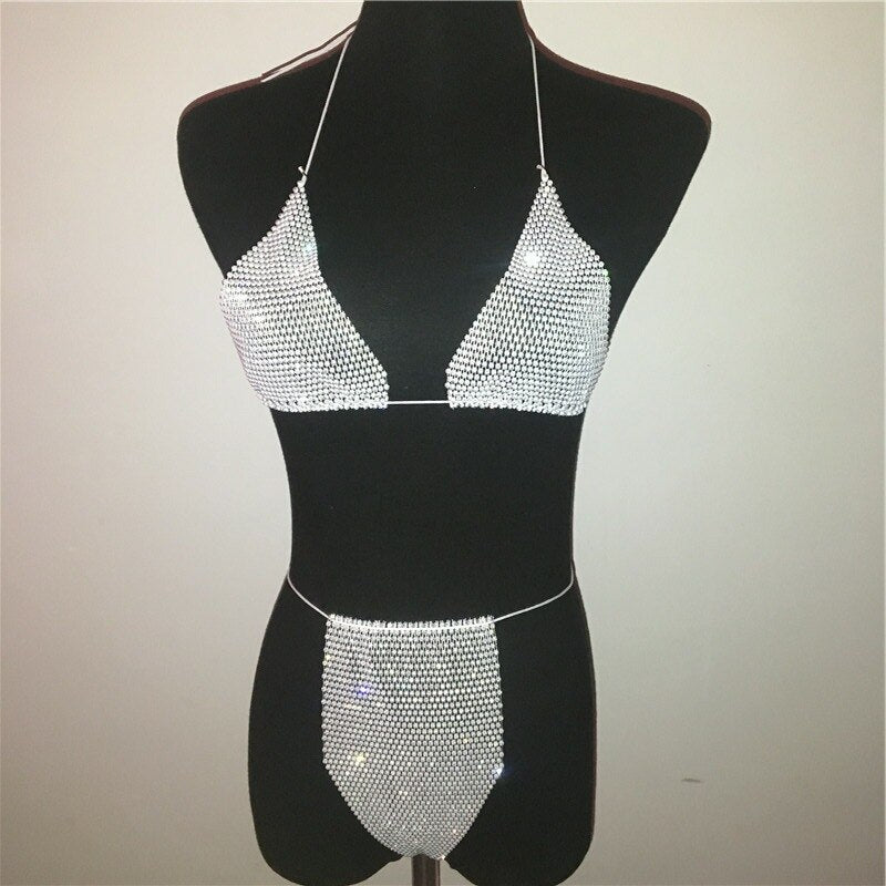 Bling Rhinestones Fishnet Bikini Women Halter Bra Sexy Panty 2 Piece Lady Set Sexy Swimwear Women