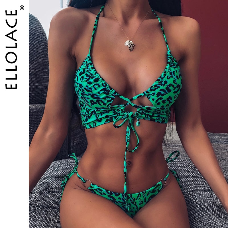 Animal Bikini Push Up Swimwear Women Leopard Bandage Sexy Swimwear Women Monokini Halter Backless Bathing Suit