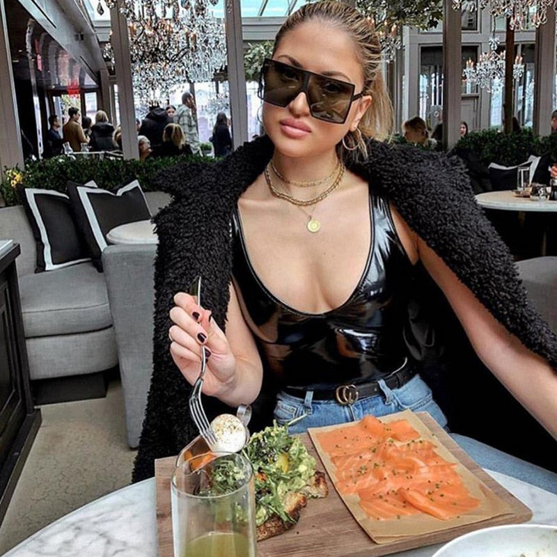 Sexy Latex Black Bodysuit Women Deep V-Neck Backless Leather Bodycon Bodies Sleeveless Top