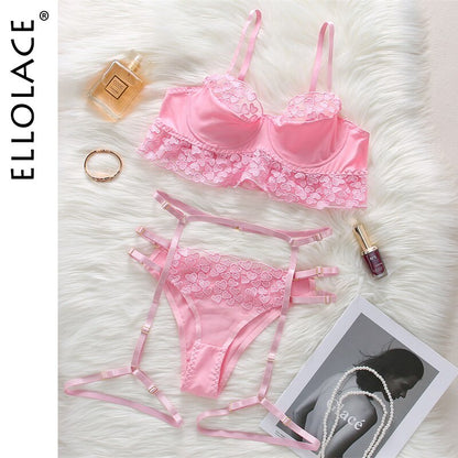 Ellolace Sexy Lingerie Set Red Sensual Lingerie Woman 3 Piece Set Ruffles Brief Sets Underwire Bra Erotic Lingerie Underwear Set