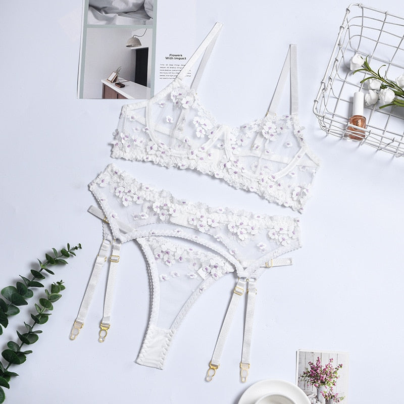 Ellolace Applique Women's Underwear Lingerie Set Sexy Underwear Set Bra with Bones 3 Piece Set Transparent Exotic Lingerie Sexy