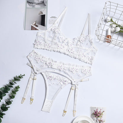 Ellolace Applique Women's Underwear Lingerie Set Sexy Underwear Set Bra with Bones 3 Piece Set Transparent Exotic Lingerie Sexy