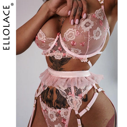 Ellolace Erotic Lingerie Sexy Lace Sensual Underwear Set Floral Transparent Brief Sets 3 Piece Push Up Underwire Bra and Panty
