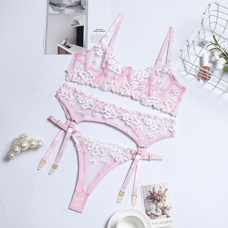Ellolace Applique Women's Underwear Lingerie Set Sexy Underwear Set Bra with Bones 3 Piece Set Transparent Exotic Lingerie Sexy