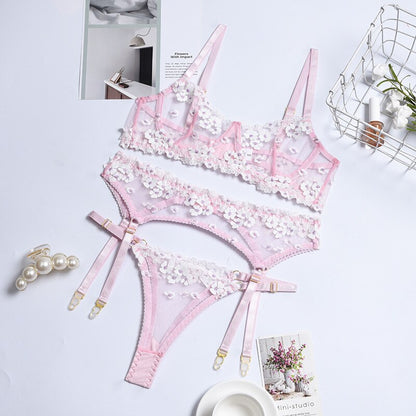 Ellolace Applique Women's Underwear Lingerie Set Sexy Underwear Set Bra with Bones 3 Piece Set Transparent Exotic Lingerie Sexy