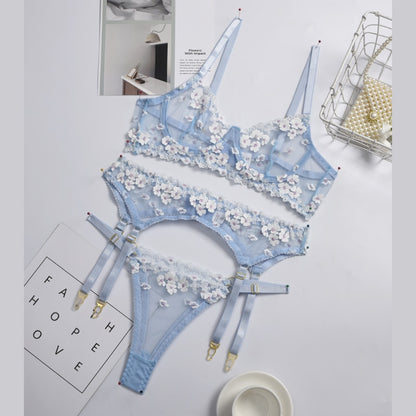 Ellolace Applique Women's Underwear Lingerie Set Sexy Underwear Set Bra with Bones 3 Piece Set Transparent Exotic Lingerie Sexy