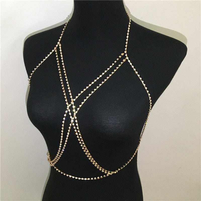 Shining Rhinestones Chest Cross Chain Boho Multi Layers Chest Chain Harness Jewellery Jewelry Crystal Chest
