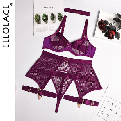 Ellolace Lingerie Women's Underwear 4 Piece Set Sensual Lingerie Women Bra with Bones Lingerie Set Erotic Lingerie Underwear Set