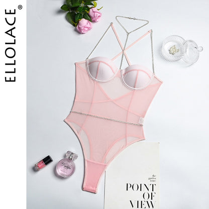 Rhinestone Sexy Bodysuit Women Lace Sleeveless Bodies Push up Bodycon High Cut Backless Top
