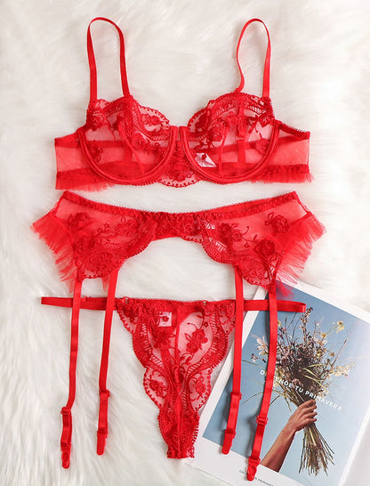 Ellolace Sensual Lingerie Red Lace Transparent Bra Garters Thongs Embroidery Fancy Bilizna Set Sexy Costume 3-Pieces Intimate
