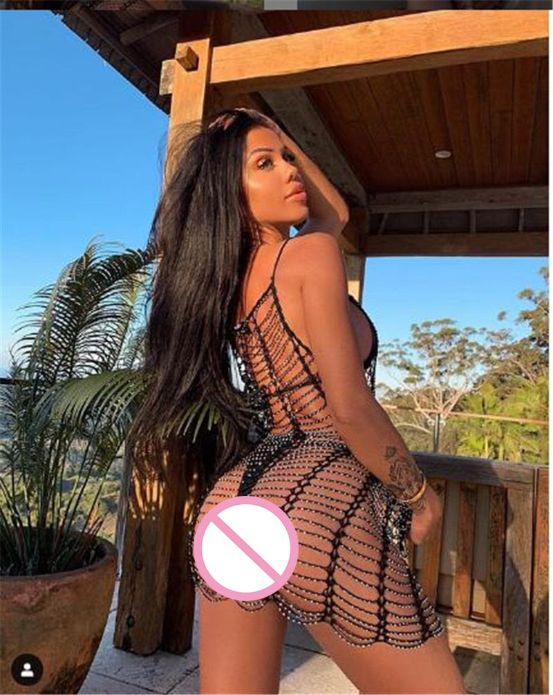 Sexy Hollow Out Mini Dress Summer Crochet Bathing Bikini Swimwear Cover Up Beach Dress Hollow Out One Piece Tops