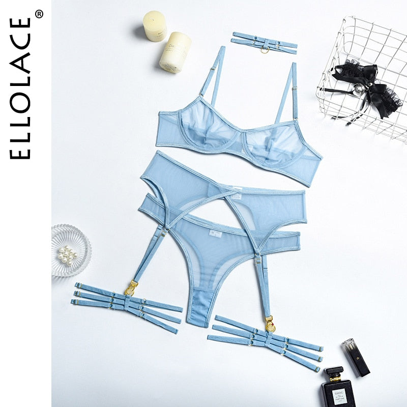 Set 4 Pieces Sexy Erotic Bra Garters Brief Sets Transparent Lace Blue