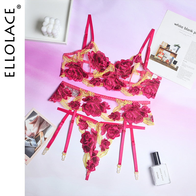 Ellolace Floral Lingerie Sexy Fancy Underwear Embroidery Erotic Brief Sets Lace Transparent Underwire Bra And Thong with Garters