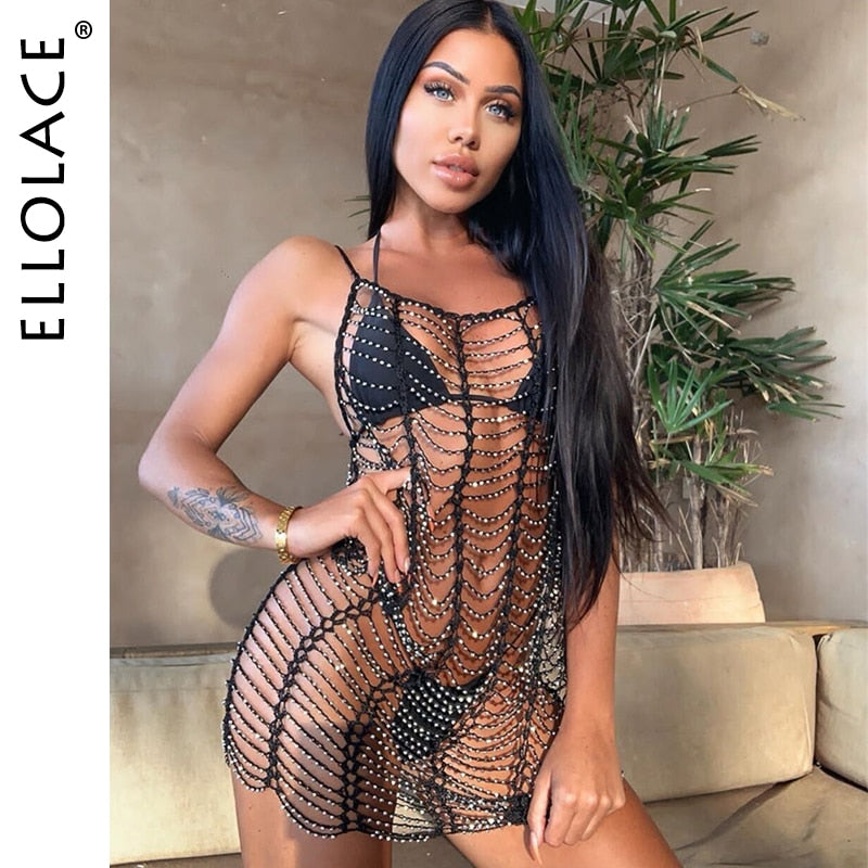 Sexy Hollow Out Mini Dress Summer Crochet Bathing Bikini Swimwear Cover Up Beach Dress Hollow Out One Piece Tops