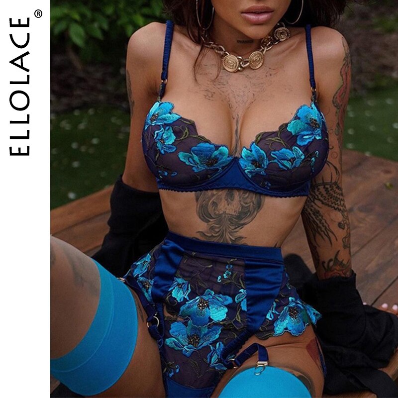 Ellolace Floral Lingerie Women's Underwear Fancy Transparent Bra Brief Set with Garters Embroidery Sexy Lace Erotic Intimate