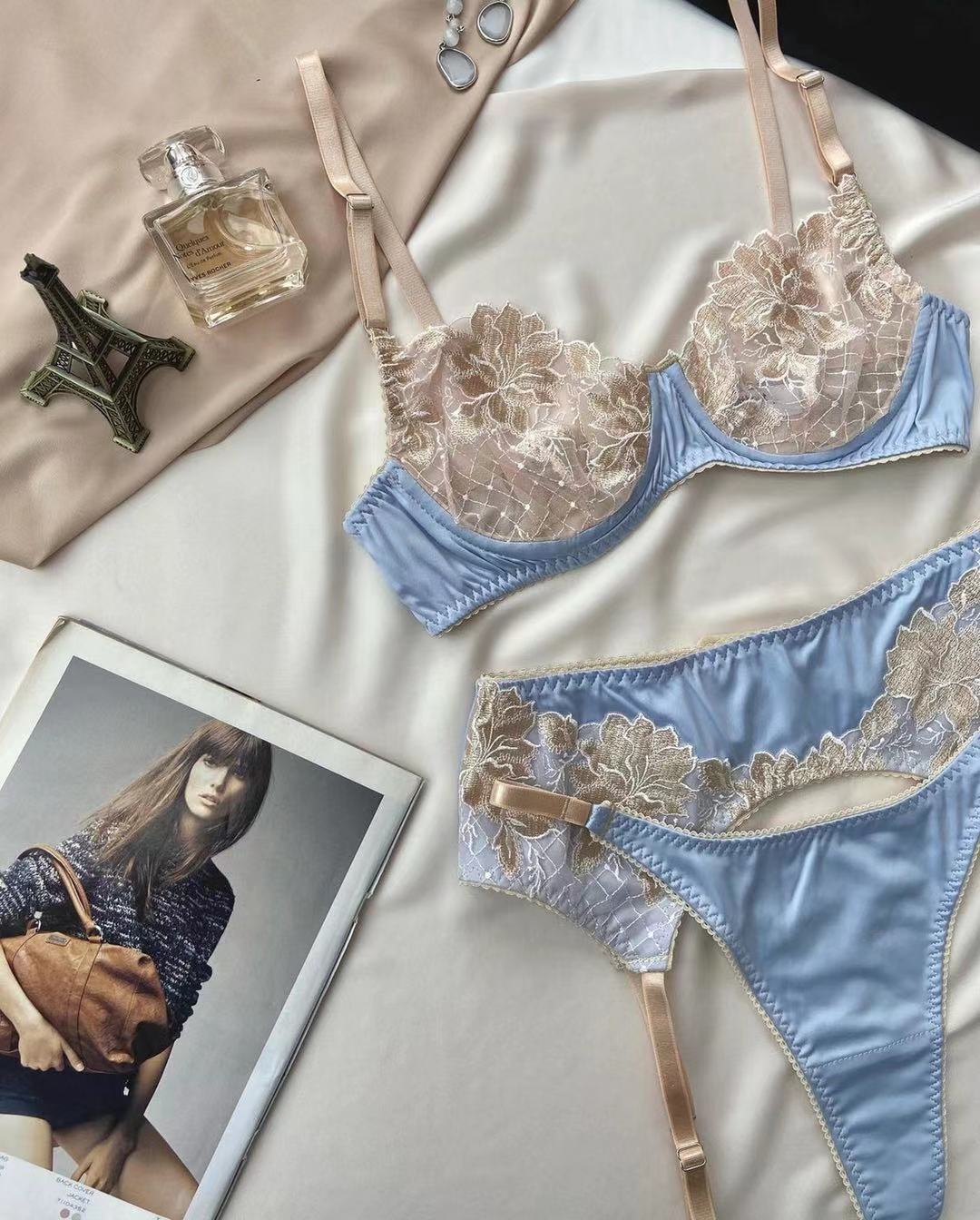 Ellolace Sexy Lingerie Lace Embroidery Erotic Underwear Set Underwire Push Up Bra Brief Sets with Garters Fancy Sensual Outfit