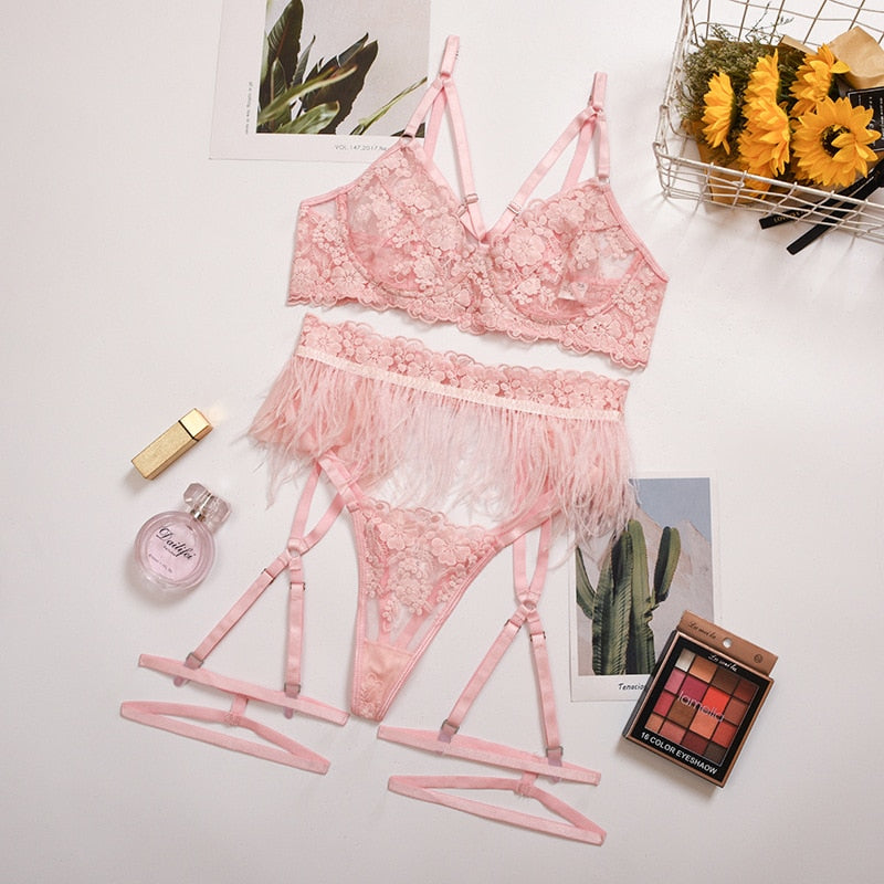 Ellolace Feder Sexy Dessous frauen Unterwäsche Set Frau 3 Stück Frauen Sets Dessous Sexy Push-up Sinnliche Dessous Frau